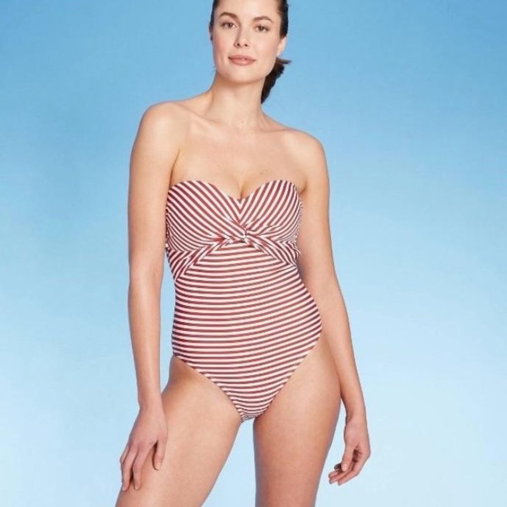 NEW Kona Sol Twist Bandeau Red Striped One Piece Size Small
